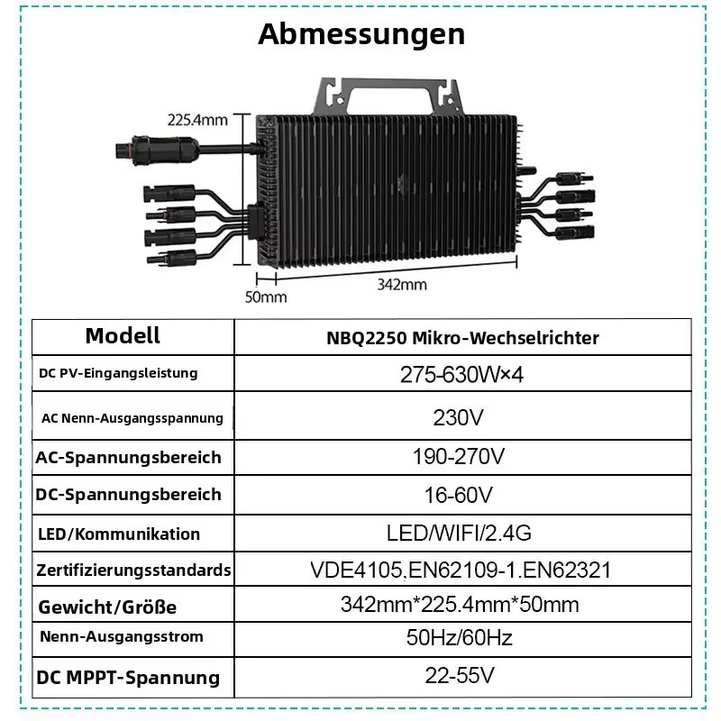Sukflow Solar-Mikrowechselrichter 2250W Plug-and-Play mit 4 MPPT und WiFi-Überwachung, IP67 Wasserdicht, Schwarz - Bild 6
