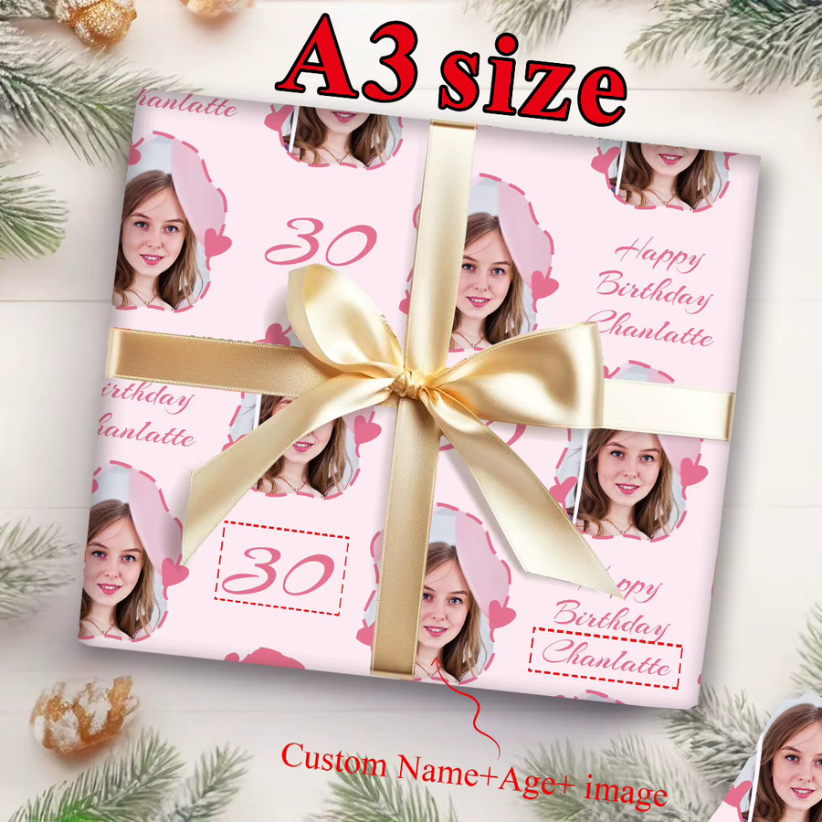Personalisiertes Geburtstags-Geschenkpapier mit Name, Alter und Foto in Rosa und Blau, 3 Blatt für deine DIY-Partydekoration - Bild 3