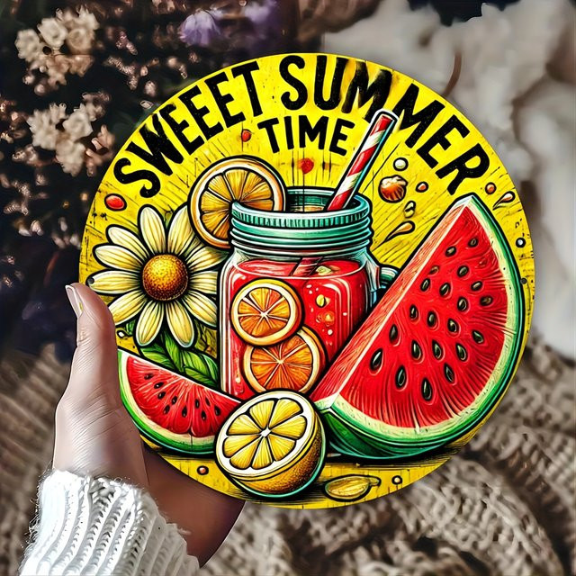 Rundes Eisenschild Potdemiel Sweet Summer Time in Multicolour mit Obst und Blumen im Retro-Design, Durchmesser: 20,3 cm - Bild 1