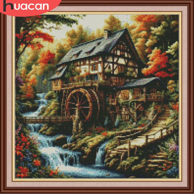 HUACAN Kreuzstich-Set Hauslandschaft mit Wasserfall als Wanddekoration, Mehrfarbig - Bild 1