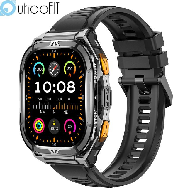 Uhoofit Smartwatch mit 1,96 Zoll AMOLED Display, GPS, Bluetooth Anruffunktion, Herzfrequenz- und Schlafüberwachung, 5ATM Wasserdicht, Unisex, Farbe: Schwarz/Silber - Bild 1