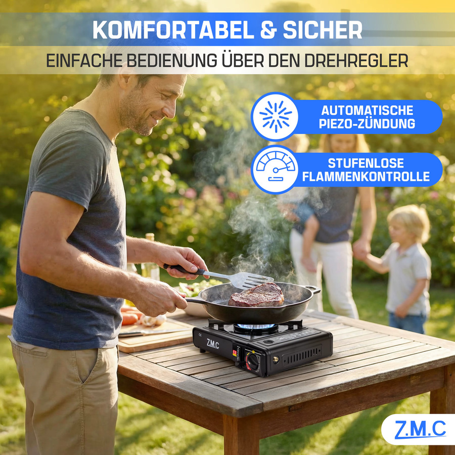 ZMC 1-flammiger Campinggaskocher in Schwarz mit 24 Butan Gaskartuschen à 227g, LPG-Adapter und Aufbewahrungskoffer, 2,2 kW mit Piezozündung für Outdoor und Innenraum - Bild 7