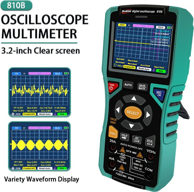 WinAPEX Tragbares Oszilloskop 10 MHz 50 MSa/s mit AC DC Voltmeter und Amperemeter, 9999 Zählender Smart Multimeter bis 400 V - Bild 1