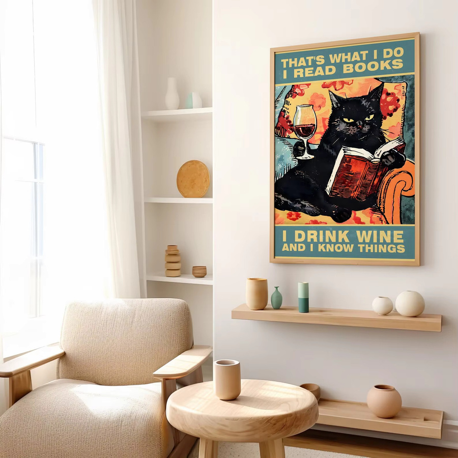 Vintage Wandkunst von SHENCHEN mit schwarzer Katze, Buch und Wein in Typografie-Design als Poster oder Leinwanddruck - Bild 3