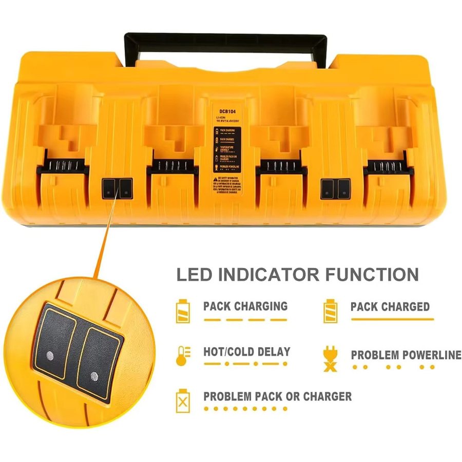 DeWalt DCB104 Schnellladegerät für 12V-18V Lithium-Akkus mit vier Anschlüssen und Ladeschutz, Farbe: Gelb - Bild 2