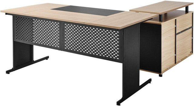 Moderner L-förmiger Chefbürotisch von Buying Solutions, MB in Braun, umkehrbarer Eckschreibtisch mit Schubladen und Aufbewahrungsschrank aus Holz und Metall - Bild 1