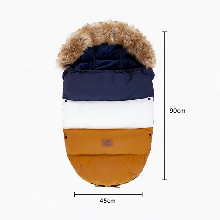 HOUSBAY Kinderwagen Fußsack für 0–24 Monate in Marineblau, Weiß und Braun mit abnehmbarem Pelzkragen und Patchwork-Design - Bild 5