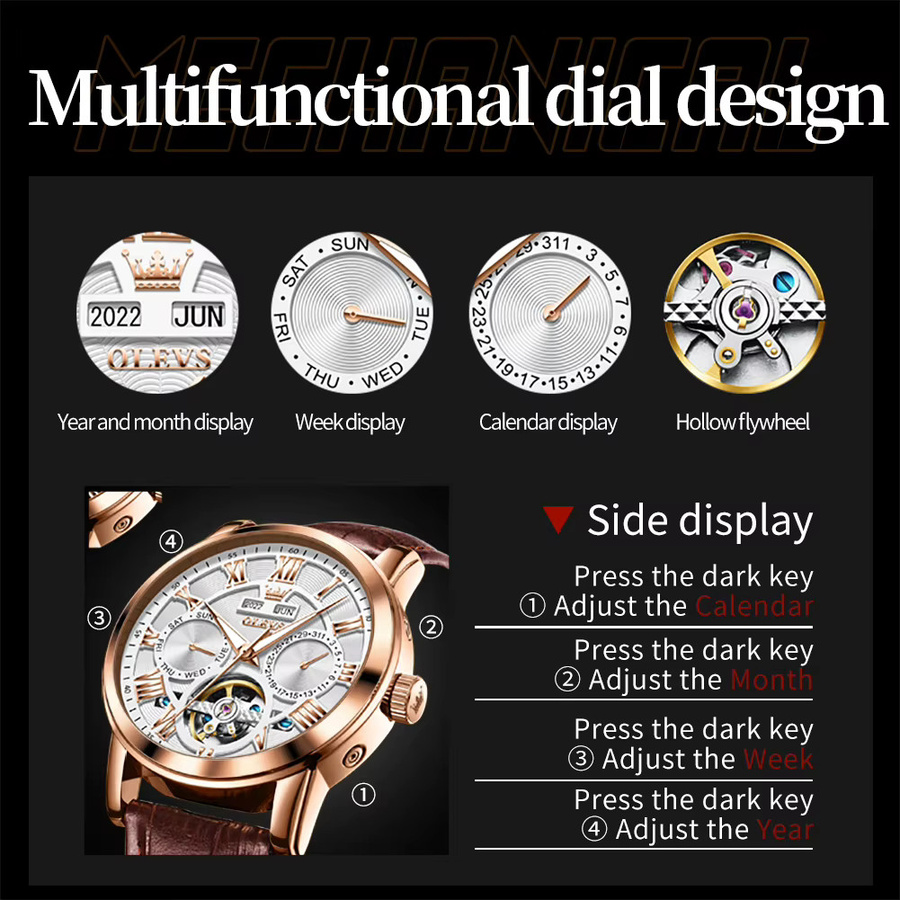 OLEVS Armbanduhr Chronograph, Automatik, Leder, Herren - Bild 5