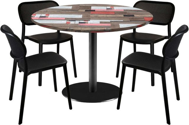 RestooTab Esstisch-Set Rome XL mit 4 Stühlen, runder Esstisch in Holzoptik mit schwarzem Gestell, mehrfarbig, B/T/H: 120 x 120 x 75 cm - Bild 1