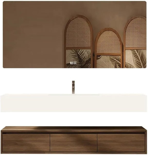 360Home Badezimmermöbel-Set mit Sinterstein-Waschbecken und LED-Spiegel in Weiß, B: 130 cm, T: 55 cm, H: 25 cm - Bild 1