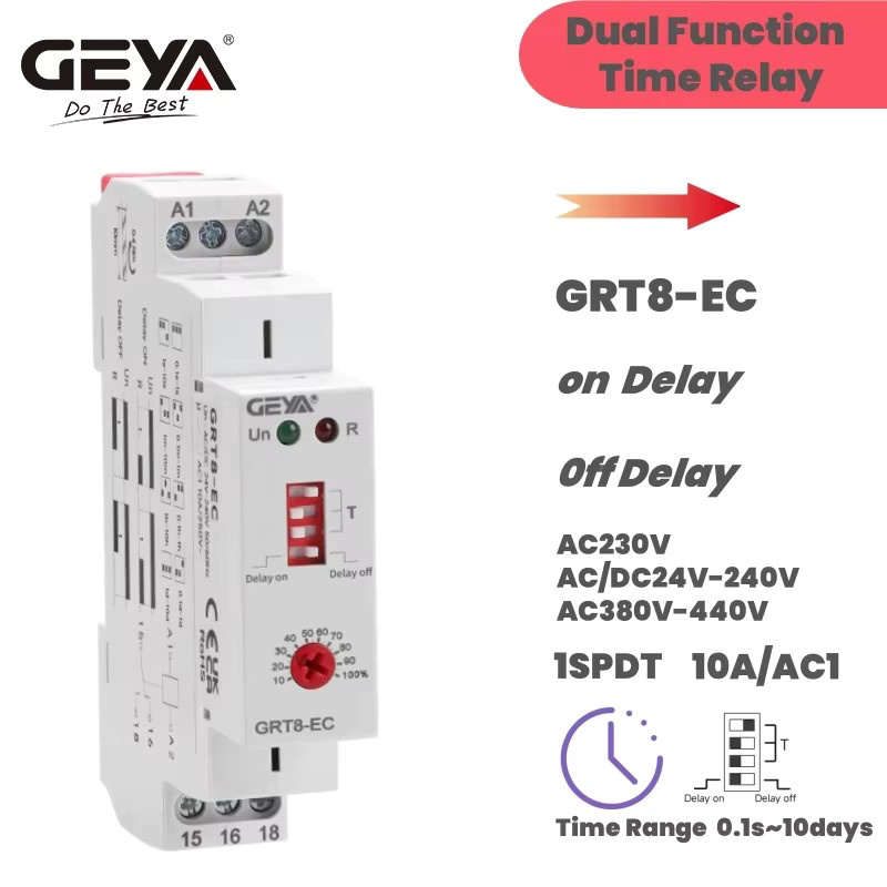 GEYA GRT8-EC 10A Doppelfunktions-Zeitrelais mit Einschalt- oder Ausschaltverzögerung AC220V AC380V ACDC24V-240V in Weiß - Bild 2