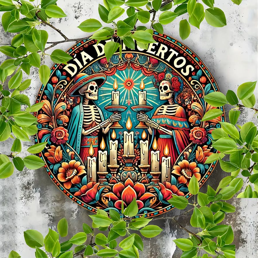Vintage Dia de Muertos Wandkunst aus Aluminium mit Skelett-Paar und elfenbeinfarbenem Rahmen, Multicolor, B/H: 20,32 x 20,32 cm - Bild 3