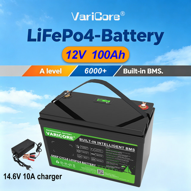 VariCore 12V 100Ah LiFePO4 Lithium-Eisenphosphat-Batterie mit BMS in Schwarz für Wohnmobile, Camper, Solaranlagen und Boote - Bild 1