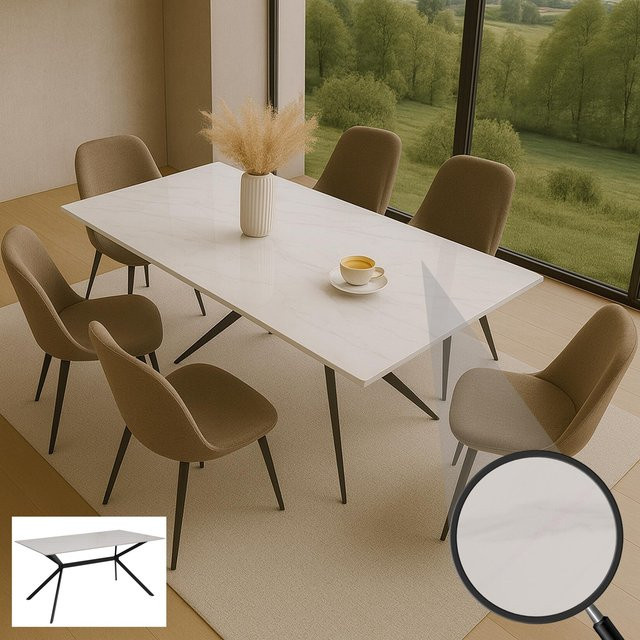 Esszimmertisch MCW O58 aus Sinterstein und Metall in Weiß mit Marmor-Optik, B: 160 cm, T: 90 cm, H: 76 cm - Bild 1
