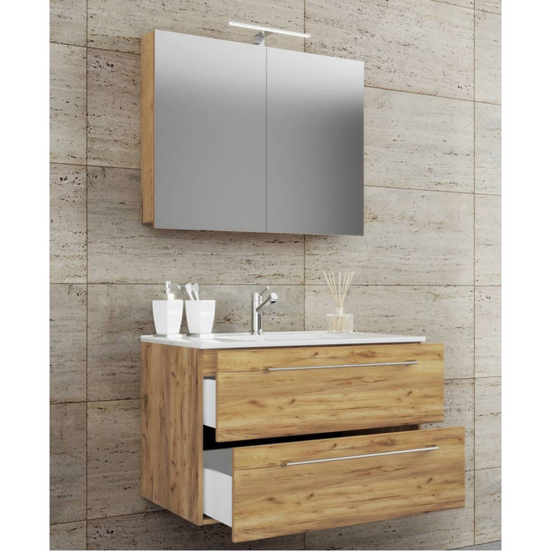 VCM Badmöbel Set Badinos 3-tlg. Waschplatz mit Spiegelschrank und Unterschrank in Eiche Honig, B/H/T: 81 x 52 x 46 cm - Bild 2