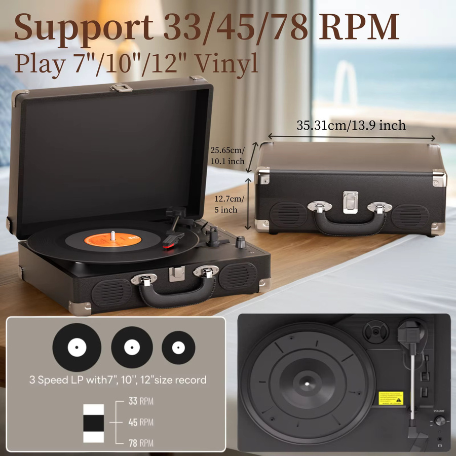 Maio S100 Riemengetriebenes Vintage-Grammophon in Schwarz mit eingebautem Lautsprecher und 3 Geschwindigkeiten für High-Fidelity-Stereo - Bild 2