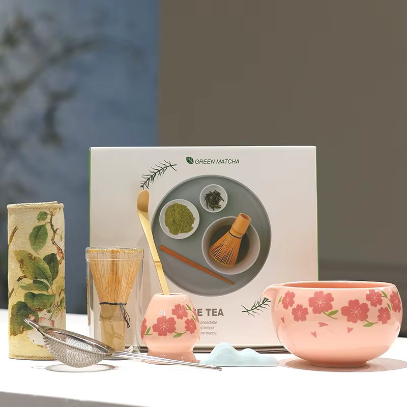 bespritgift Sakura Matcha Kit, 2 bis 7-teiliges Matcha-Set mit rosa Keramik-Schale und Bambus-Schneebesen, japanisches Tee-Set mit floralem Design - Bild 2