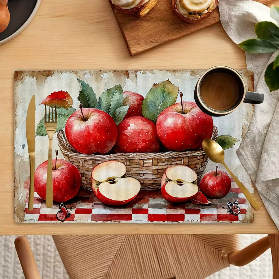 VIKAMA 4er-Pack Tischsets mit rotem Apfel-Aquarell-Design, waschbar und rutschfest, rechteckig - Bild 3