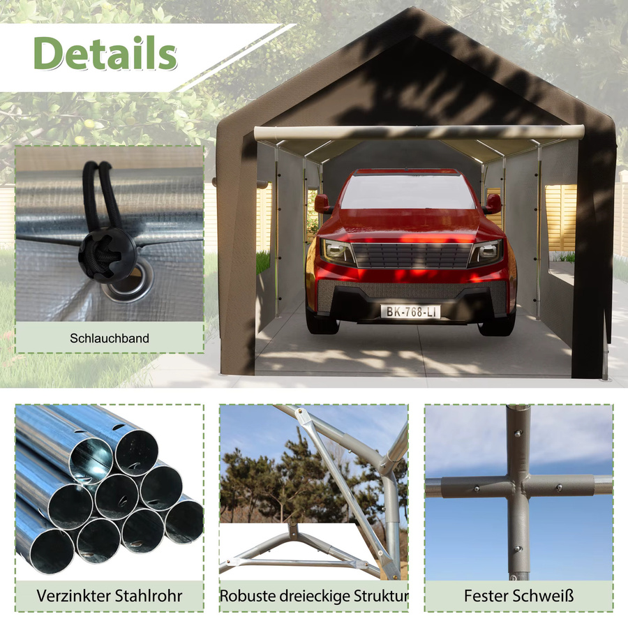 THANADDO Schwerlast-Carport mit Giebeldach in Grau, wasserdichte Outdoor-Autoüberdachung aus verzinktem Stahl mit Netzfenstern, B/T/H: 609,6 x 592,84 x 276,75 cm - Bild 4
