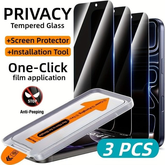 ONEVAN 3er Pack Privatsphäre Displayschutzfolie aus gehärtetem Glas für iPhone 17 16 15 14 13 12 11 Pro Max Plus Air XR XS transparent - Bild 1