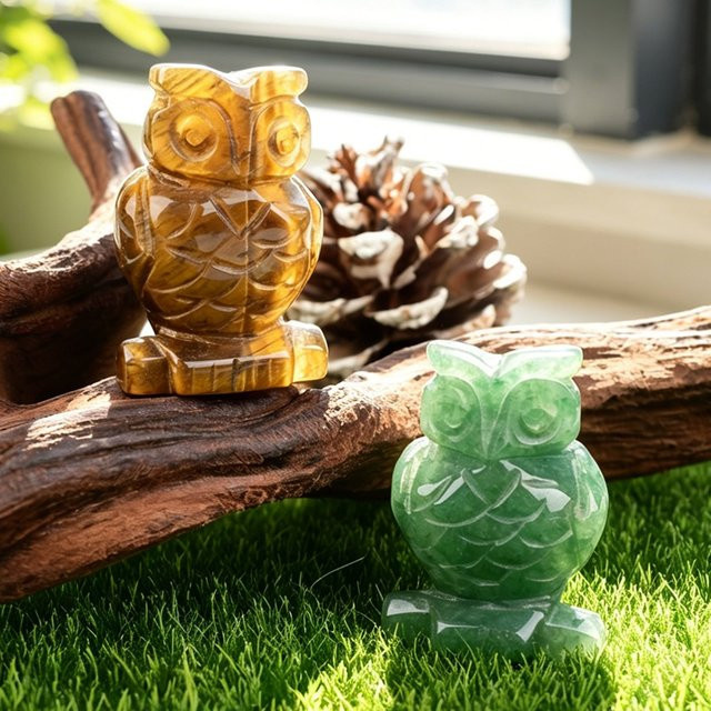 RYCRYSTAL Mini Naturstein-Eulen-Skulptur Handpolierte Heilkristall-Figur als Schreibtisch-Dekoration für Damen und Herren - Bild 1