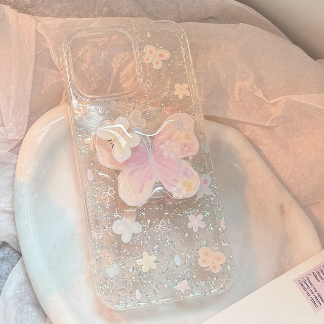 Potdemiel iPhone Schutzhülle mit Koreanischem Glitter Schmetterling und Drehbarer Halterung, Transparent, Stoßfestes Hard Cover für iPhone 17 16 15 14 13 12 11 Pro Max XR XS X - Bild 1