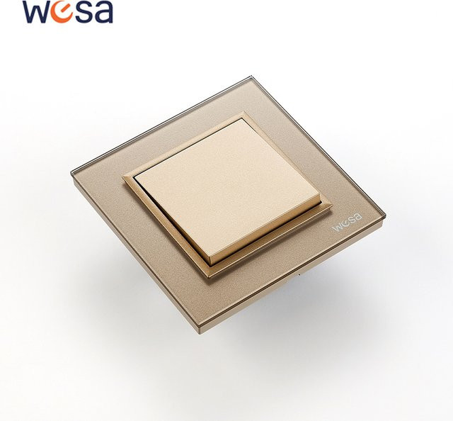 WESA Lichtschalter Gold mit Kristallglas-Panel, 1-fach, 1-Wege, 16A 250V AC, flammhemmend - Bild 1