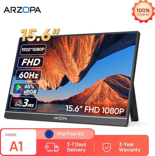 ARZOPA Tragbarer Monitor 15,6 Zoll Full HD 1080P IPS mit USB-C und Mini-HDMI in Schwarz - Bild 1