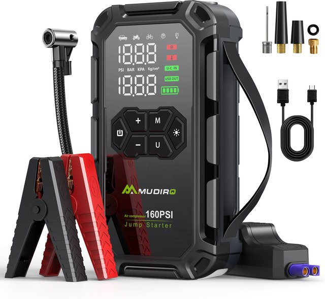 Mudiro Starthilfe mit Luftkompressor 6000A, 160PSI, LCD-Display, USB-C-Anschluss und LED-Licht, Schwarz - Bild 1