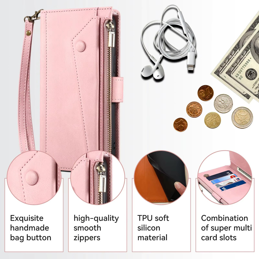 Eseble Crossbody Leder Brieftasche mit Reißverschluss und Lanyard für Google Pixel 9 Pro XL 8 Pro 8a 7 Pro 6 Pro 6a inklusive RFID-Schutz in Braun oder Pink - Bild 1