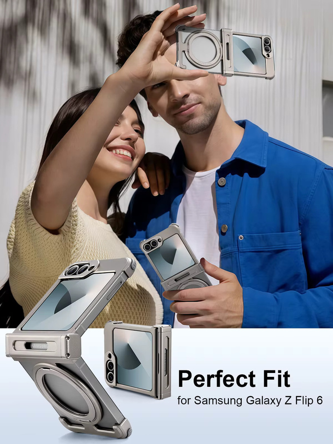 Oatsbasf Handyhülle für Samsung Galaxy Z Flip 6 in Titan Silver mit 360 Grad drehbarem Ständer, magnetisch und rahmenlos aus Metall - Bild 5