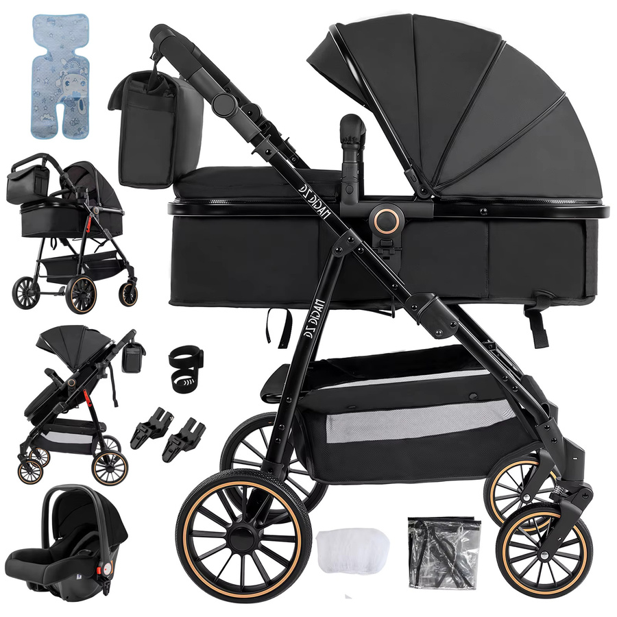3in1 Kinderwagen Kombikinderwagen für Neugeborene in Schwarz mit Verdeck und Einhand-Faltmechanismus - Bild 9