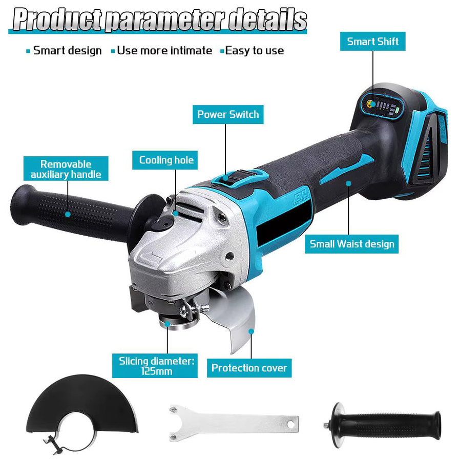 OWJHE Bürstenloser elektrischer Winkelschleifer mit variabler Geschwindigkeit, 125 mm, Blau, kompatibel mit Makita 18 V Akku-System - Bild 2