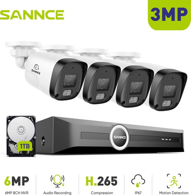 SANNCE 8CH NVR Sicherheitskamerasystem mit 4 PoE IP-Kameras 3MP, Smart Detection, H.265 Videorecorder, Farbe: Weiß - Bild 1
