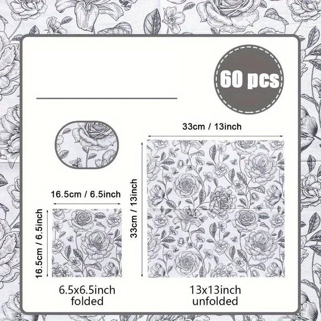 60 Stück Einwegservietten aus Papier mit Blumenskizze von SZ-Damai in Grau, B/H: 33 x 33 cm - Bild 1