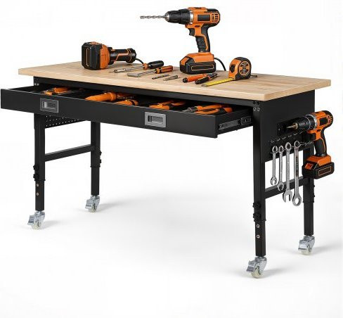 VEVOR Werkbank mit Eichenholz-MDF-Platte in Braun, Höhenverstellbar, mit Schublade, Steckdose, Rollen und Lochwand, Tragkraft 680 kg, B: 152,4 cm, T: 61,0 cm, H: 76,0-101,0 cm - Bild 1