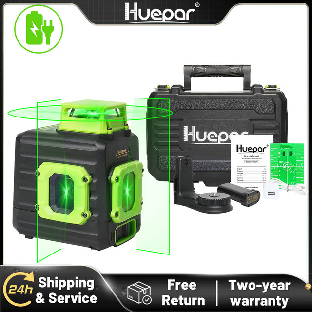 Huepar B21CG Laser Level Green Cross Line 360 Grad mit zwei vertikalen Linien, selbstnivellierend, Li-Ionen-Akku und Hartschalenkoffer - Bild 1