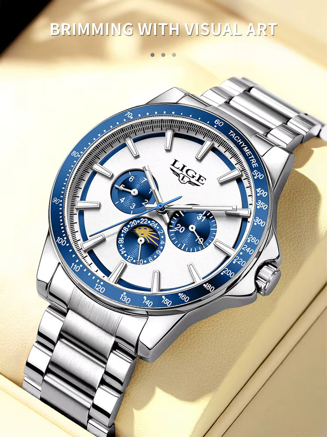 LIGE Armbanduhr Quarz, Edelstahl, Mondphase, Datum, Herren - Bild 7