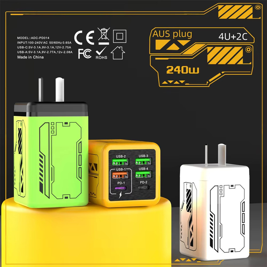 6-in-1 240W USB-C Ladegerät mit PD Schnellladung und Quick Charge 3.0 Wandadapter in Gelb - Bild 3