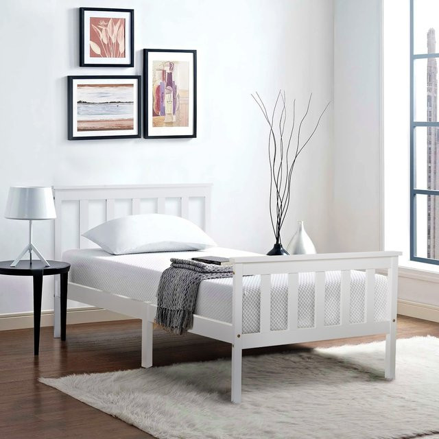 Aosom Einzelbett in Weiß mit Kopfteil und Lattenrost im minimalistischen Design, B/T/H: 90 x 200 cm - Bild 1