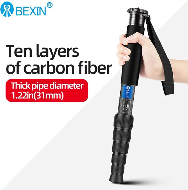 BEXIN P306C Kohlefaser-Einbeinstativ in Schwarz, 1,6 m Höhe, 6-teilige Erweiterung für die Outdoor-Reisefotografie und Digitalkameras - Bild 1