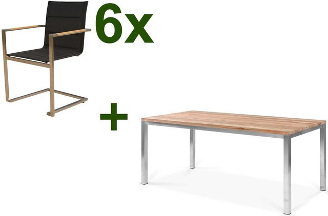 OUTFLEXX Garten-Essgruppe aus Edelstahl und recyceltem Teak in Schwarz mit Tisch und 6 gepolsterten Freischwinger-Stühlen, Tisch B: 180 cm, T: 90 cm, H: 76 cm - Bild 1