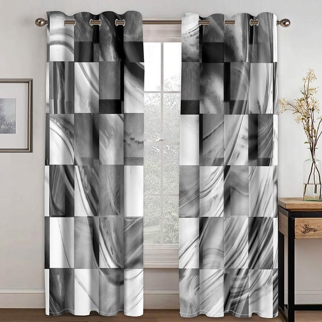 Dekorative Vorhänge mit geometrischem Quadrat-Muster in Silber, Schwarz, Weiß, Rot und Blau, 2 Paneele aus Polyester, halbtransparent, B: 50 cm, H: 130 cm - Bild 1