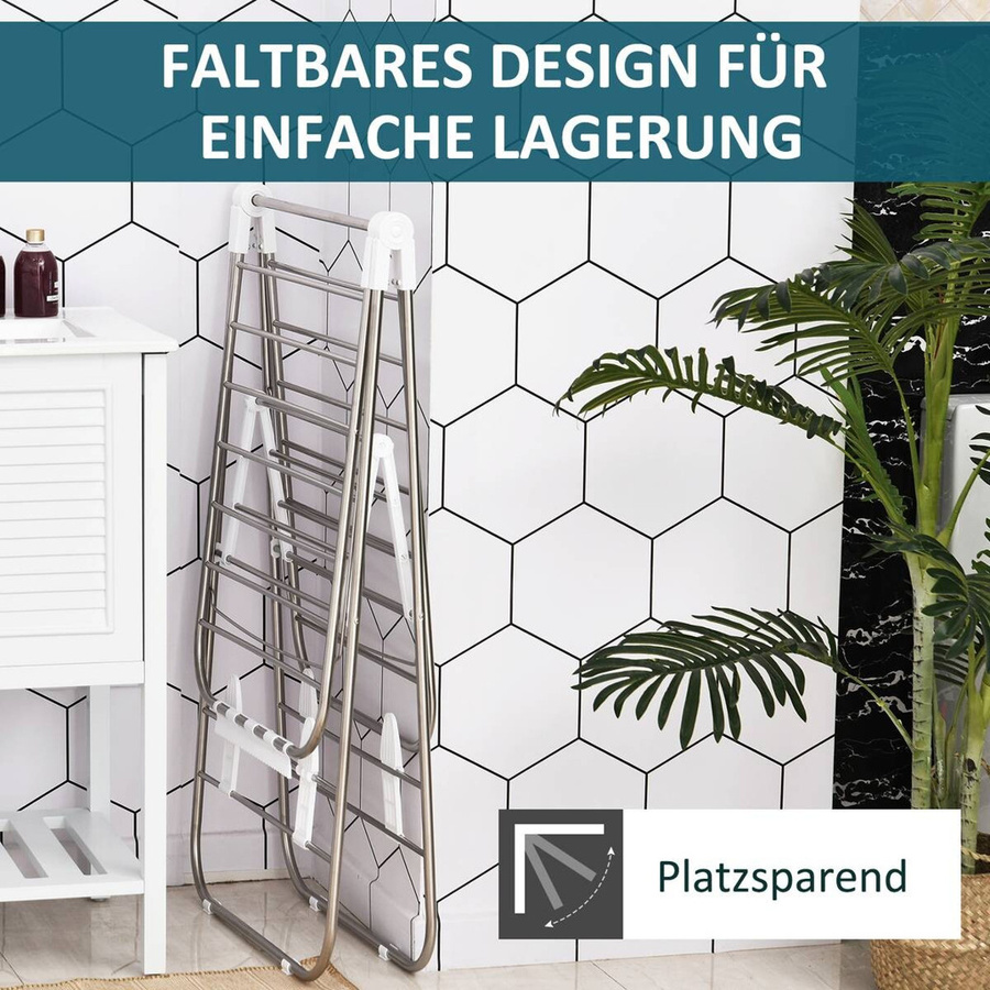 HOMCOM Faltbarer Wäscheständer mit Flügelarmen aus Edelstahl und Kunststoff, Silber/Weiß, B/H/T: 148 x 98 x 60,5 cm - Bild 3