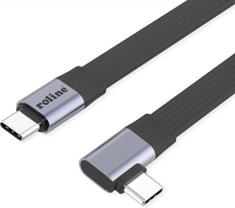 Roline USB4 2.0 Flachkabel C-C, ST/ST, 8K UHD-2, 80Gbit/s, 240W, einseitig 90 Grad gewinkelt, schwarz, Länge: 0,13 m - Bild 1