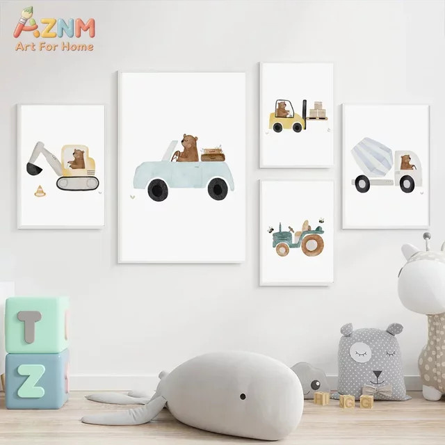 Boho Bär Aquarell Poster mit Gabelstapler Bagger und LKW als Leinwandgemälde für das Kinderzimmer in Mehrfarbig - Bild 1