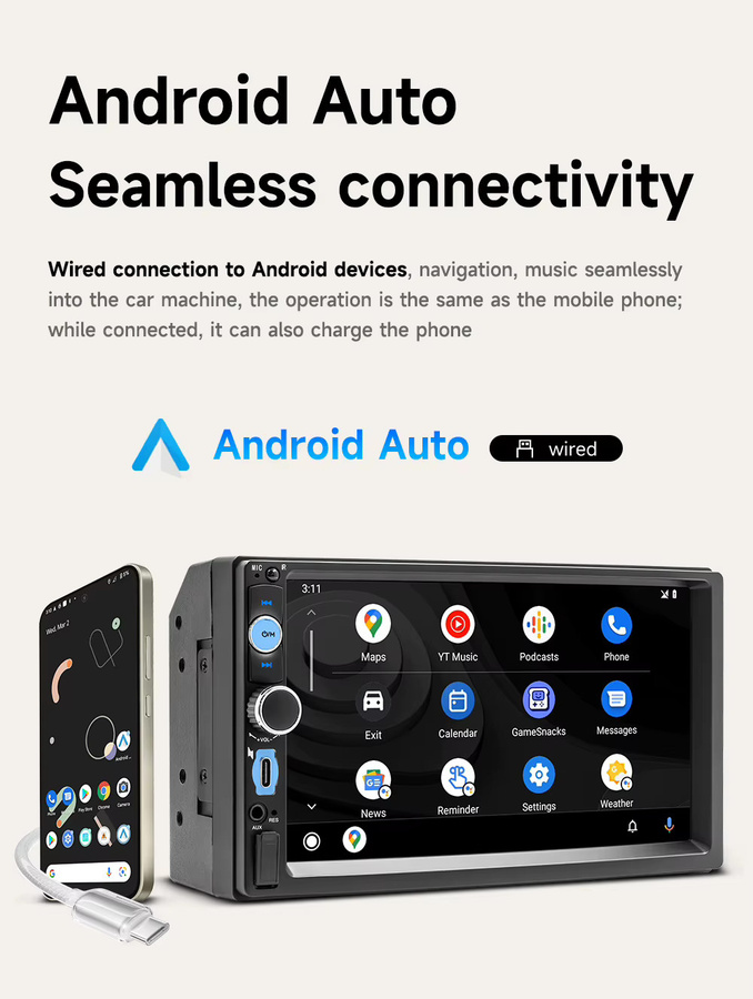 BQCC 2Din Autoradio mit 7 Zoll Display, Bluetooth, kabelloses CarPlay und Android Auto, 7-Farben LED-Beleuchtung, Typ-C-Ladefunktion, Schwarz - Bild 3