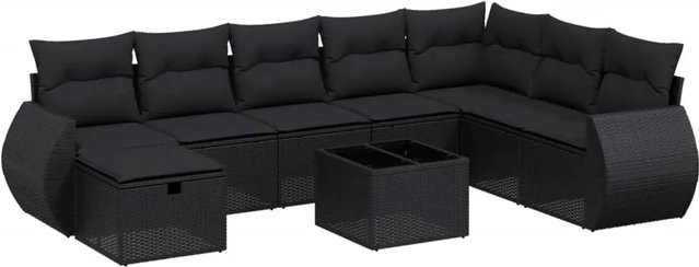 vidaXL 9-tlg Garten-Sofagarnitur in L-Form aus schwarzem Poly-Rattan mit Kissen und pulverbeschichtetem Stahlgestell - Bild 1