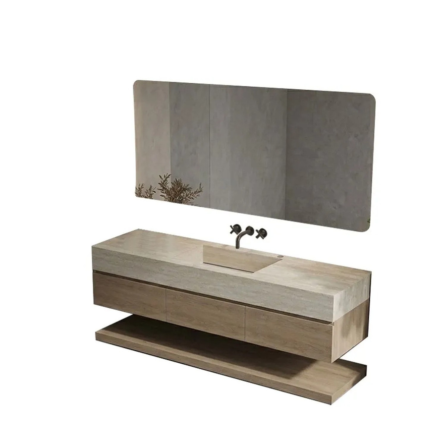 360Home Badmöbel Set in Beige mit Sinterstein Waschbecken im Travertine Look, Spiegelschrank mit LED-Beleuchtung und Anti-Beschlag-Funktion sowie Unterschrank und Seitenschrank, B/T/H: 150 x 55 x 140 cm - Bild 2