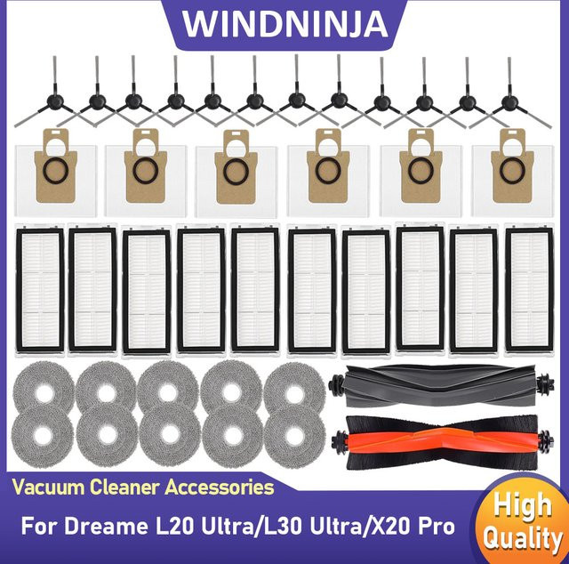 WINDNINJA Ersatzteil-Set für Dreame Bot X20 Pro L20 Ultra L30 Ultra Roboterstaubsauger mit Hauptseitenbürste, Staubbeutel, Filter und Mopplappen in Multicolour - Bild 1